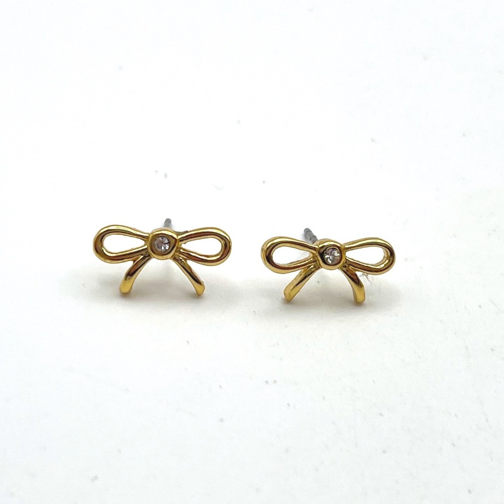 Kate Spade Gold Tone Crystal Bow Stud Earrings Dainty Ribbon Studs